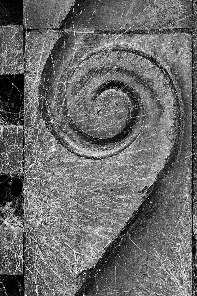 Black and white architectural detail photograph of an antique spiral detail covered with cobwebs on the exterior of an old building.
