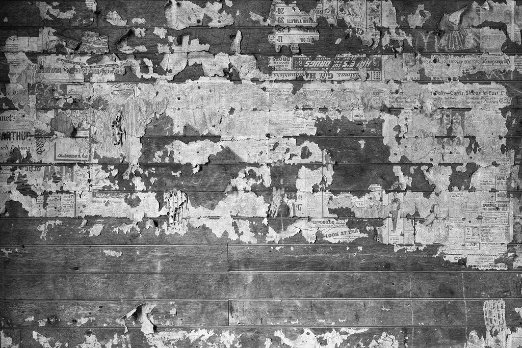 Black and white photograph of 70-year-old newspaper scraps pasted on the interior walls of an abandoned old farmhouse.
