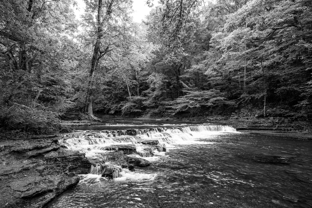 Black and white landscape photograph of a small waterfall in the woods, seen in a beautiful soft light.