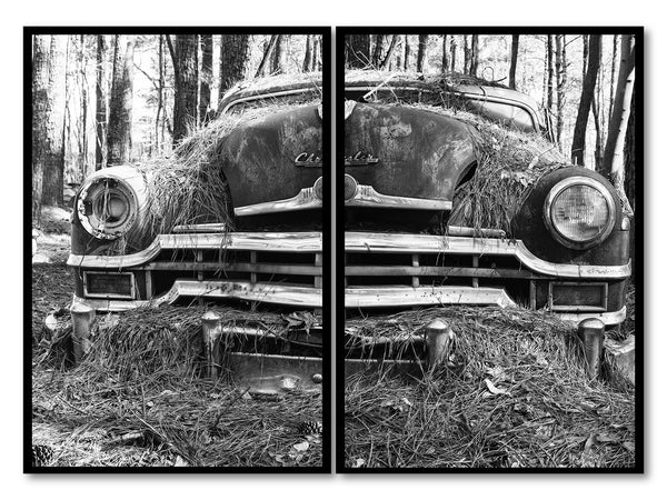 Set of two black and white photographs of a beautifully rusting antique car that's been long ago forgotten to the woods. It once was an expensive dream car for some lucky family.