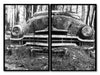 Set of two black and white photographs of a beautifully rusting antique car that's been long ago forgotten to the woods. It once was an expensive dream car for some lucky family.