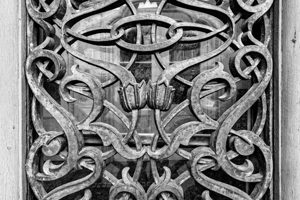 Black and white detail photograph of the ornate ironwork window screens on the front of the historic Farmers and Exchange Bank in Charleston, built in 1853-54.