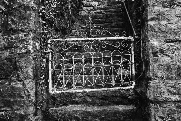 Black and white photograph of a small, white, antique gate as seen in a small town.