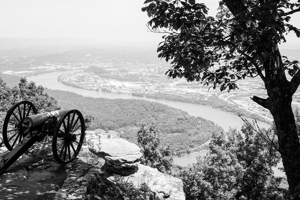 Black and white landscape photograph of Chattanooga, Tennessee as seen from a high promontory at Pointe Park on Lookout Mountain