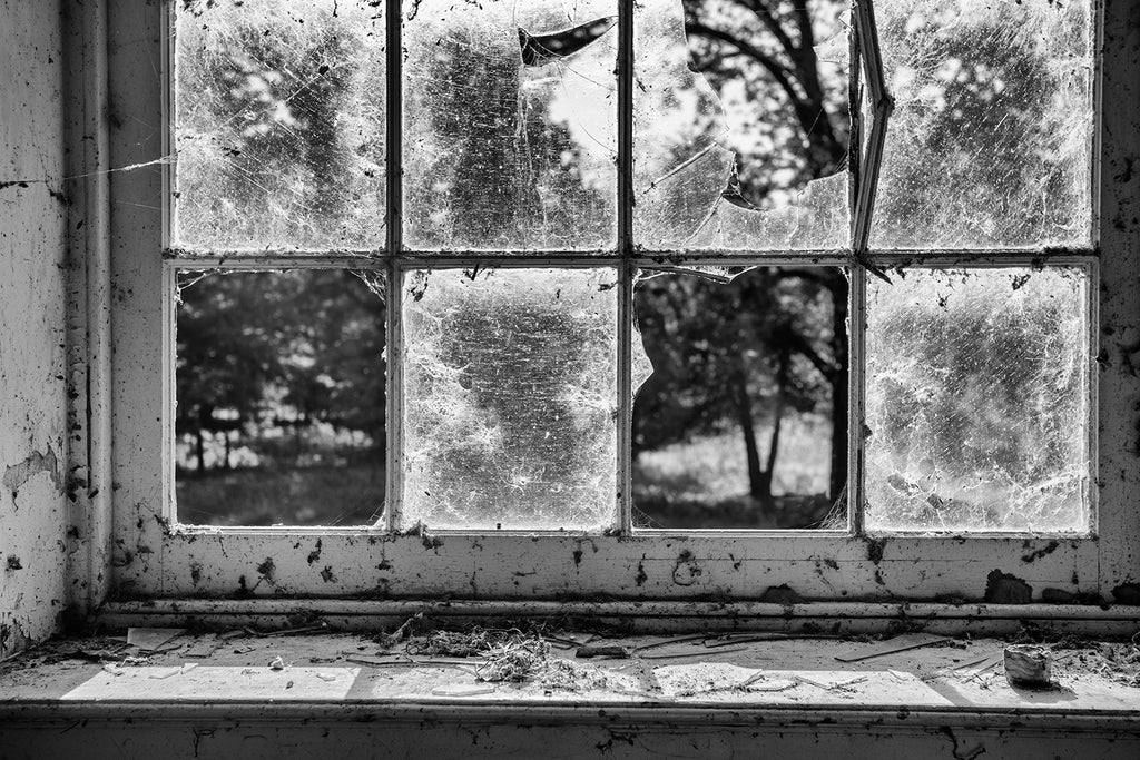 Black and white photograph of the view through the broken windows of an abandoned building in an 1800s-era southern ghost town.