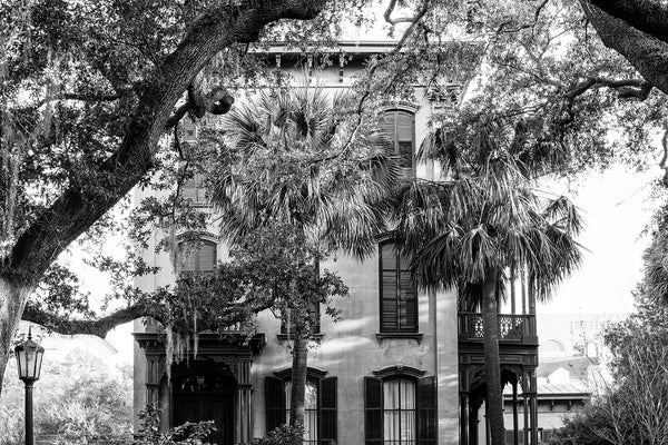 Black and white photograph of a beautiful old home surrounded by oak trees and palm trees in one of Savannah's historic districts.