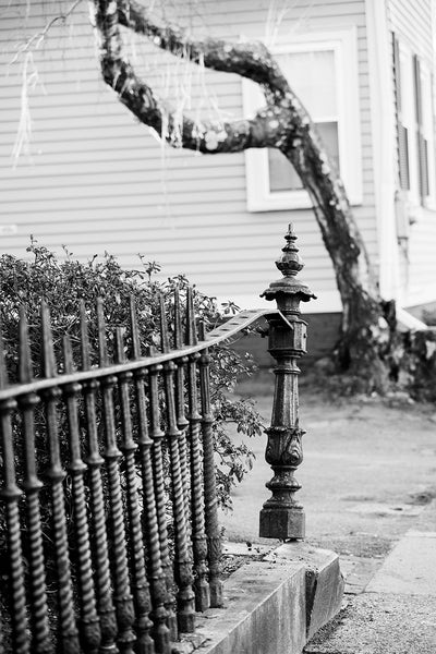 Black and white photograph of an old Victorian-era iron fence that's been bent and broken over the years. Seen on a residential street in a New England town.