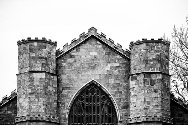 Black and white photograph of a beautiful old church building in Salem, Massachusetts now the home of a popular museum.