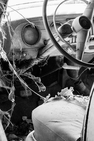 Interior View of a Junked Classic Automobile: Black and White Photograph (DSC08703)