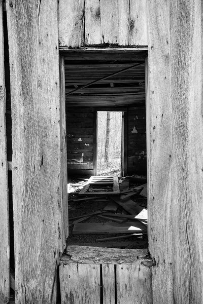 Black and white photograph looking into the window of a rustic abandoned old house found in the woods.