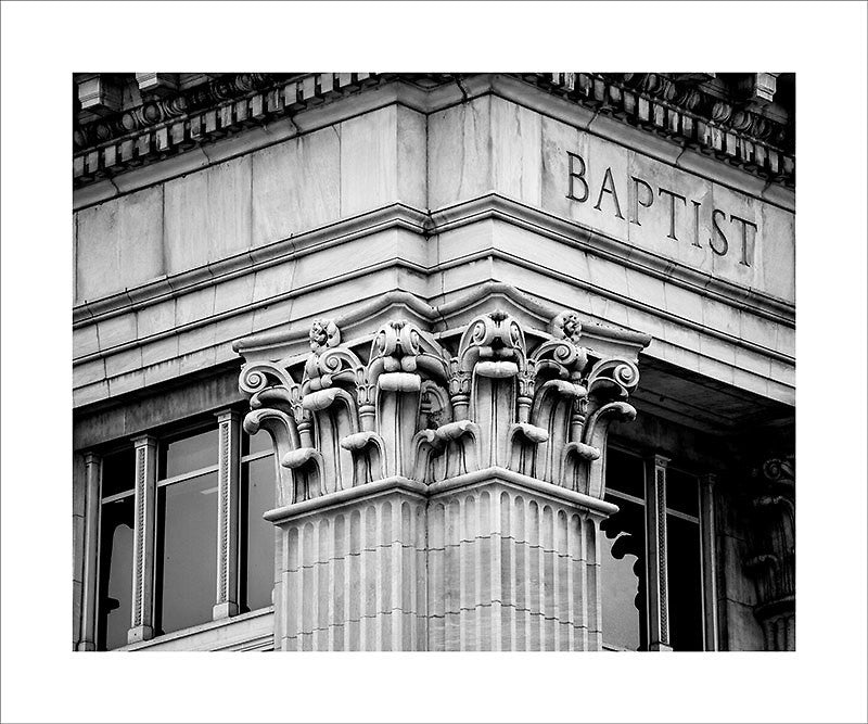 Black and white architectural detail photograph of classically-inspired Nashville architecture.  This photograph can be seen in the Nashville Room, a private dining room at Nashville's amazing Prima Restaurant in the Gulch neighborhood. At 16" x 20," this is the exact size and finish as the print at Prima -- just add your own top mat and framing.  This photograph is also available in other sizes. Go to the main Nashville gallery.
