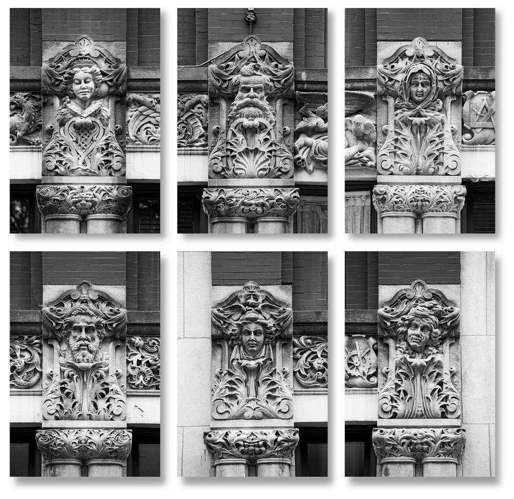 Set of six black and white photographs of the whimsical carved faces on the Drhumor Building in downtown Asheville, North Carolina.