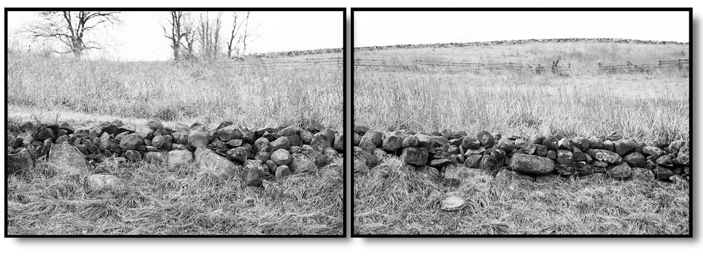 Set of two black and white fine art photographs of an old stone wall running across the beautiful winter landscape at Gettysburg, Pennsylvania. Sold as a matched pair intended to be framed and displayed side-by-side.