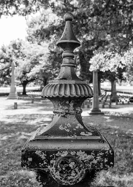 Black and white photograph of an ornate metal fence around the Civil War cemetery on the property at Carnton Plantation, near the location of one of the fiercest battles of the Civil War.