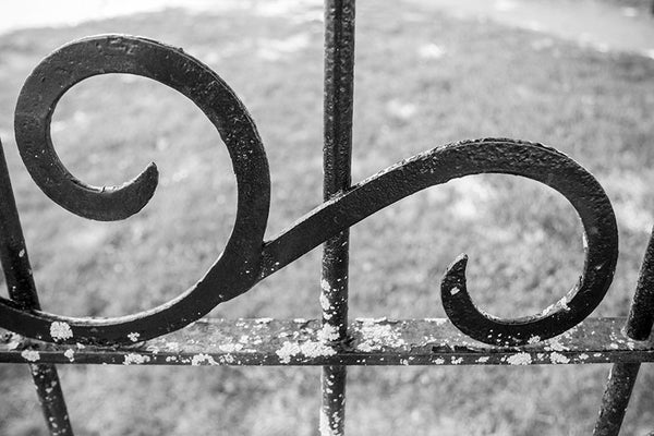 Black and white photograph of iron flourishes on an old fence at the historic house at Carnton, in Franklin, Tennessee. Carnton is a Federal-style house built in 1826. The house and farm was a key site of the American Civil War during the Battle of Franklin in 1864.