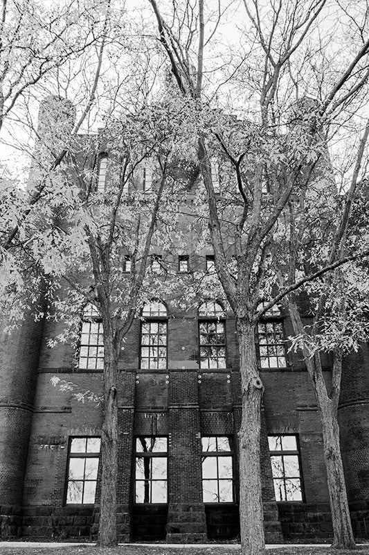 Black and white photograph of University of Wisconsin's Armory and Gymnasium, in Madison, Wisconsin. 