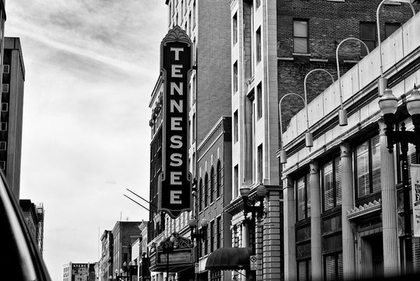 Black and white photograph of the Tennessee Theatre sign in Knoxville. The Tennessee Theatre is a historic 1920s movie house, built on a site that has been occupied since the 1790s. The theatre opened in 1928 with a massive organ known as "The Mighty Wurlitzer," which has since been refurbished and returned to its home in the theatre