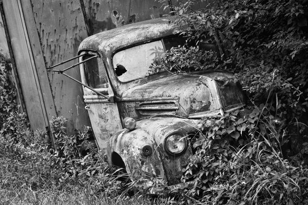 Black and white fine art photograph of an old truck that was found in the overgrown ditch on a curvy, rural backroad, where it had been abandoned years before.