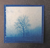 This is a unique, small, one-of-a-kind handmade cyanotype print of a barren tree in a winter fog on a hillside. This was contact printed from a 2-1/4 inch black and white film negative on textured ivory watercolor paper, handmade and printed by the artist.