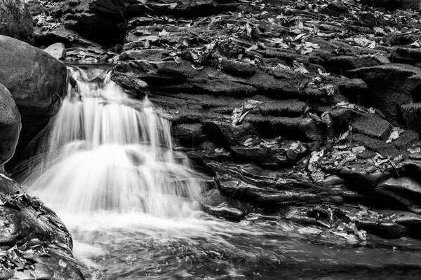 Black and white landscape photograph of a white waterfall cascading among dark, wet rocks in the deep forest.