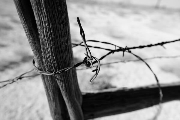 Black and white landscape photograph of an old weathered wooden fencepost in the desert with rusty barbed wire tied in a knot.