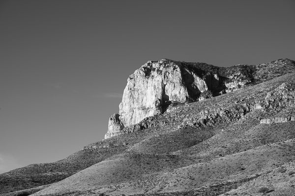 Black and white landscape photograph featuring Texas' El Capitan mountain peak, an unmistakable landmark in the Guadalupe Mountains of West Texas.