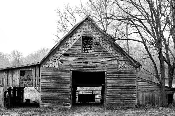 Black and white photograph of an old wooden hay barn seen on a cold winter day.