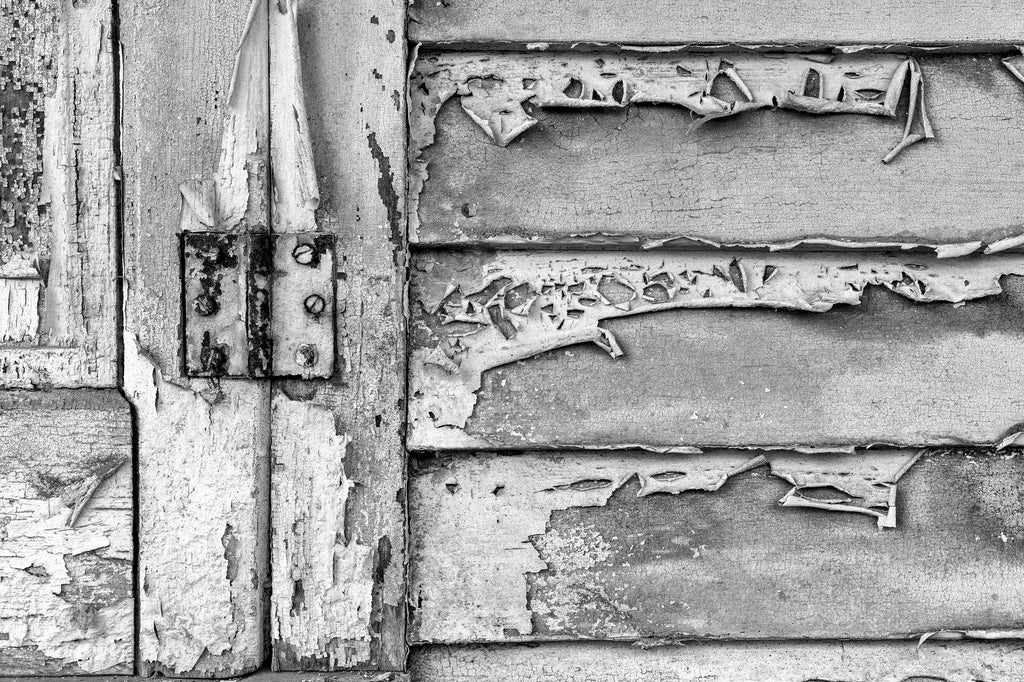 Black and white photograph of peeling paint on the weathered boards of an abandoned historic mercantile store found along a back road in the deep south.
