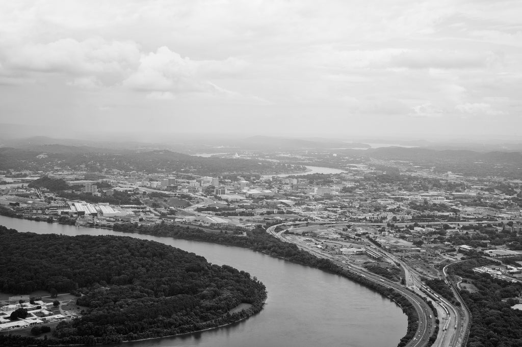 Black and white photograph overlooking the city of Chattanooga and the Tennessee River from Pointe Park on top of Lookout Mountain.
