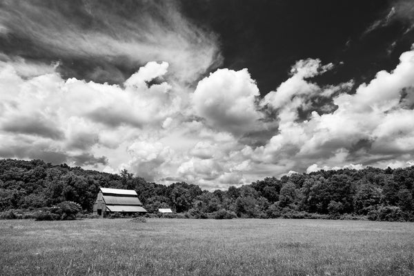 Black and white landscape photograph featuring an old wooden hay barn in a summer landscape dwarfed by the big sky overhead.