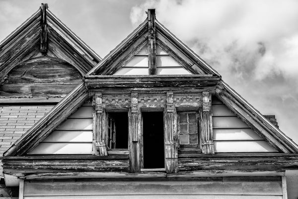 Attic Windows of an Abandoned House: Black and White Photograph (KD005830X)