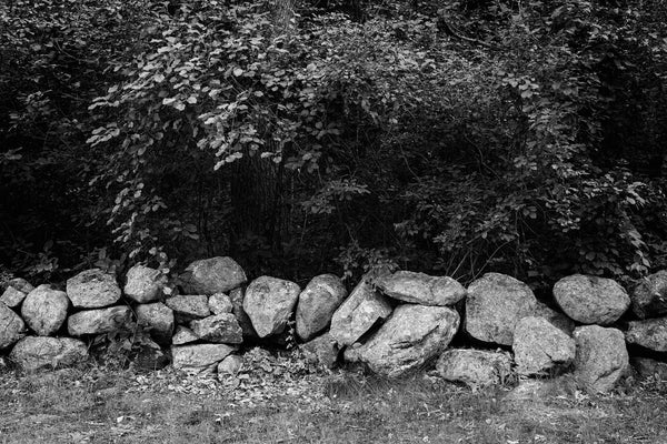 Black and white landscape photograph of an iconic old stone wall in the New England countryside.