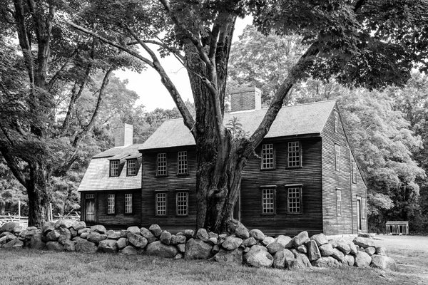 Black and white photograph of the beautiful and historic Hartwell Tavern in Lincoln Massachusetts built 1733. The big wooden house was built to be a home, but was operated as an inn and tavern from the 1750s until the 1780s, and then was a home again until the 1960s.