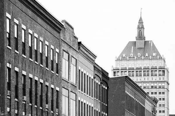 Black and white photograph of downtown Rochester, New York with a view of the Kodak office tower.
