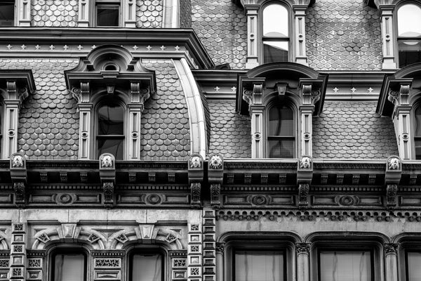 Black and white architectural detail photograph of the beautiful Mansard roof on the historic Powers Building, built 1869 in Downtown Rochester, New York.