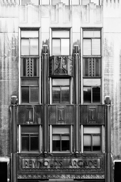 Black and white photograph of the beautiful art deco façade of the Reynolds Arcade in Downtown Rochester, New York.