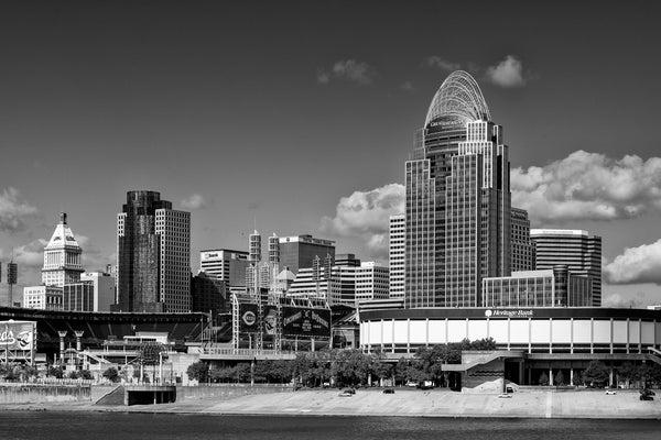 Black and white photograph of the beautiful Cincinnati riverfront and skyline on a sunny summer day.