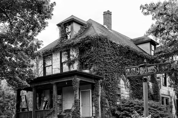 Black and white photograph of a large, old house cloaked in ivy at 9th and Cedar Street in Cairo, Illinois.