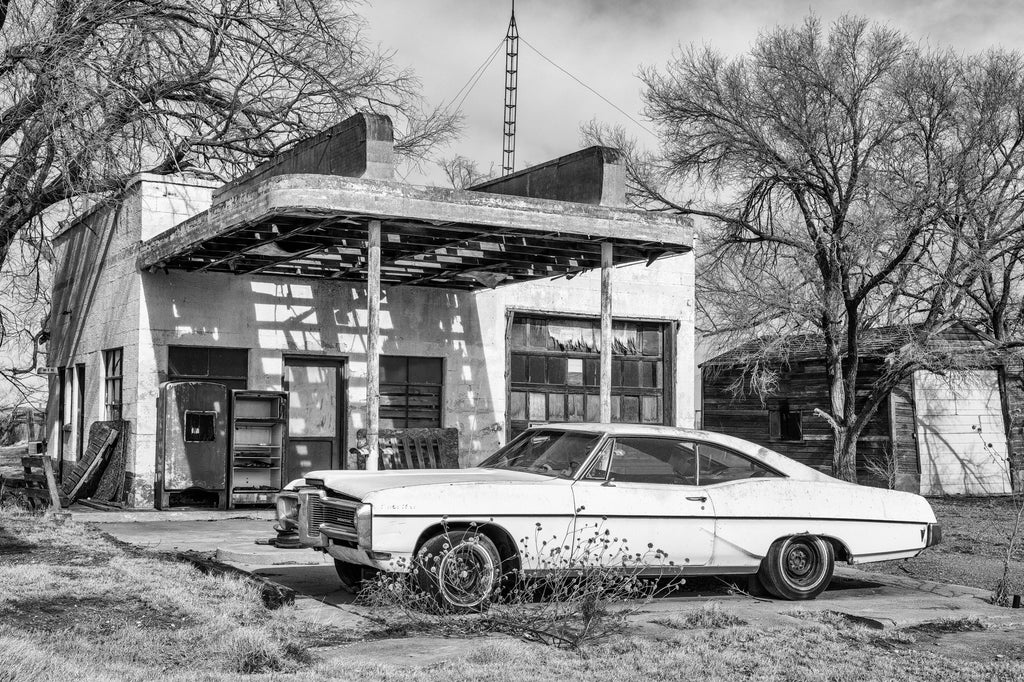 old gas station black and white