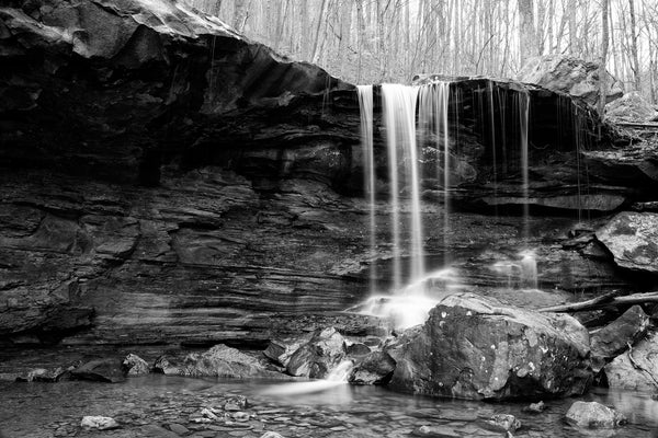 Black and white landscape photograph of Emory Gap Falls in Frozen Head State Park in the mountains of East Tennessee.