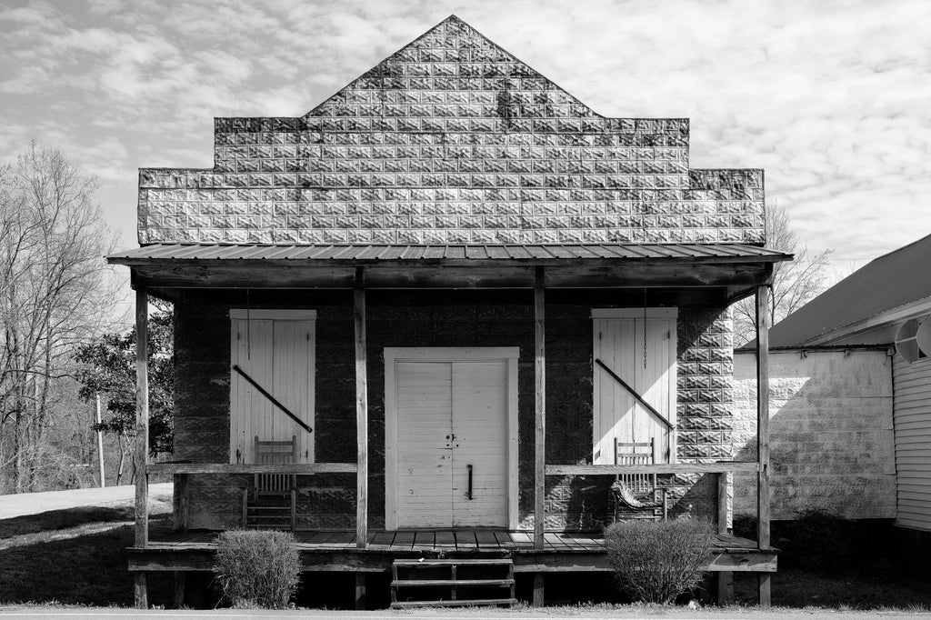 Black and white photograph of the old McGowan General Store built 1910s in the rural community of Water Valley, Tennessee.