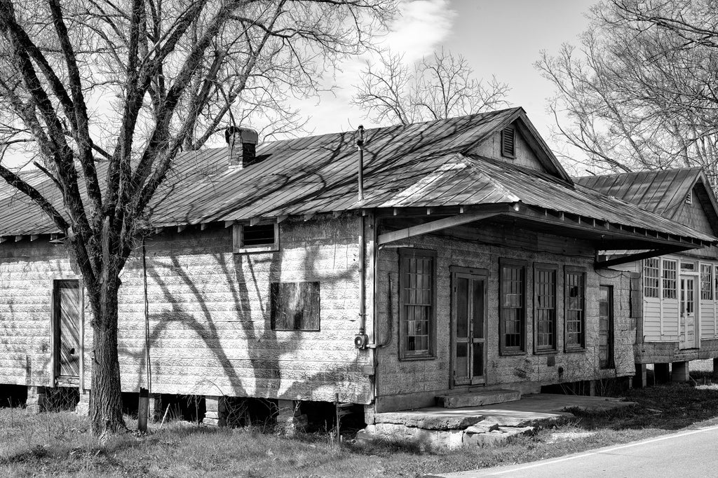 Black and white photograph of the historic abandoned C.E. Dodson grocery store, built in Water Valley, Tennessee in the early 1930s.