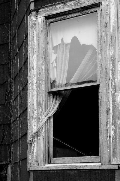 Black and white photograph of a tattered drape snagged outside the open window of an abandoned house in Cairo, Illinois.