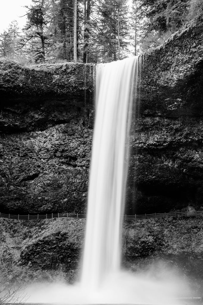 Black and white photograph of the epic South Waterfall which drops 177 feet at Silver Falls State Park in Oregon, home to more than 15 waterfalls.