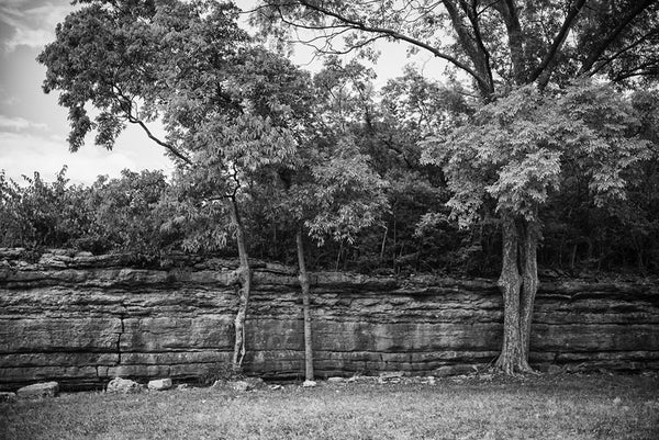 Black and white landscape photograph on the site of the old Civil War-era Fort Negley in Nashville, Tennessee.