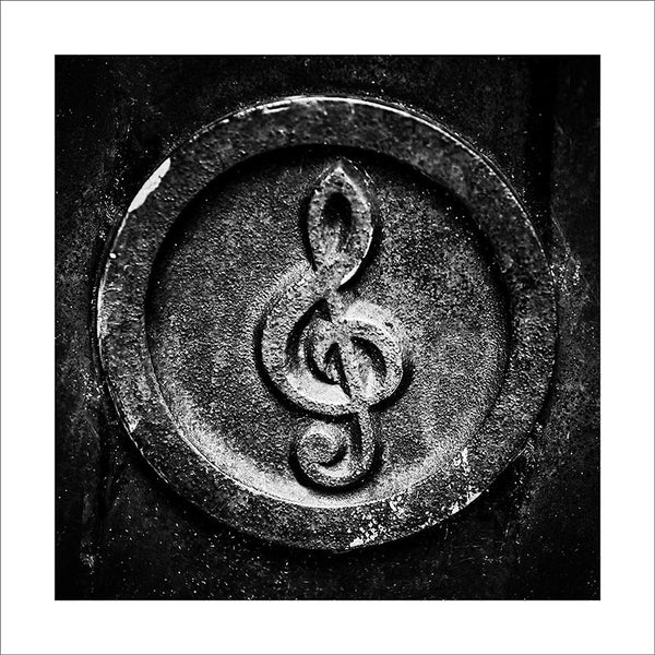 Black and white photograph a musical note ornament found in downtown Nashville.  This photograph can be seen in the Nashville Room, a private dining room at Nashville's amazing Prima Restaurant in the Gulch neighborhood. At 20" x 20," this is the exact size and finish as the print at Prima -- just add your own top mat and framing.