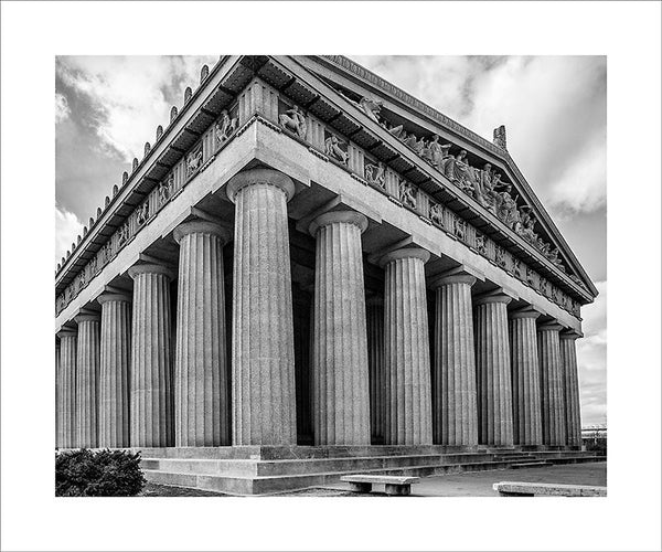 Black and white photograph of a three-quarter view of Nashville's exact replica of the Greek Parthenon in Athens.  This photograph can be seen in the Nashville Room, a private dining room at Nashville's amazing Prima Restaurant in the Gulch neighborhood. At 16" x 20," this is the exact size and finish as the print at Prima -- just add your own top mat and framing.