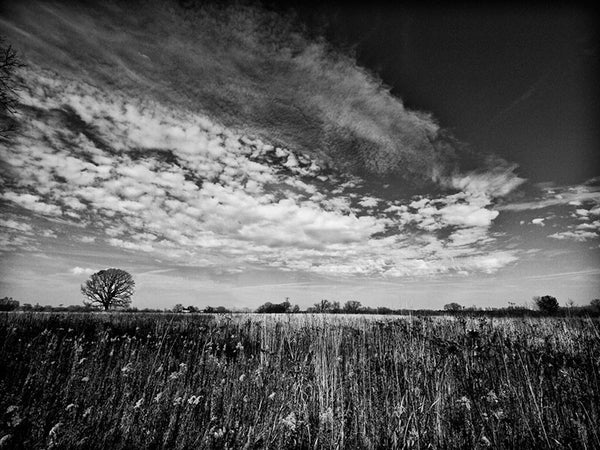Black and white landscape photograph of big November sky over the northern prairie