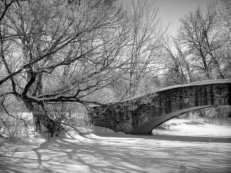 Black and white photograph of a beautiful old stone bridge from the 1920s, spanning a frozen pond in Madison, Wisconsin. Soft long shadows from trees reach out across the ice and snow.
