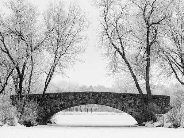 Black and white photograph of a beautiful stone bridge arching over a frozen pond and framed by tall wintery trees.